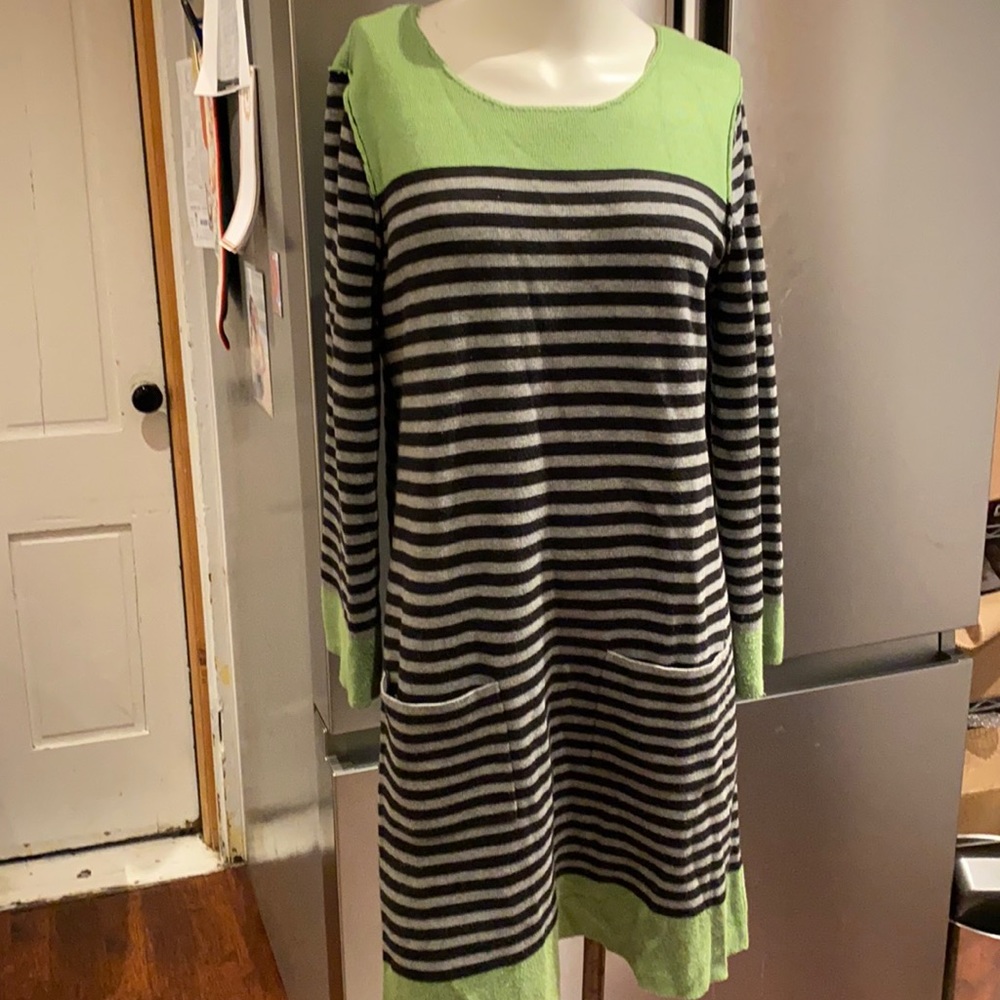 Eliza J Sweater Dress black gray green stripe color block size Large